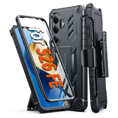 FNTCASE OFFICIAL — Samsung Galaxy S26 FE Case: Military Grade Rugged Cell Phone Cover with Kickstand and Belt Clip Holster - Black