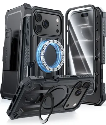 FNTCASE OFFICIAL — iPhone 18 Pro Case with Ring Holder Magnetic Kickstand Military Grade Shockproof Protective Rugged Cell Phone Cover with Belt Clip Holster - Black