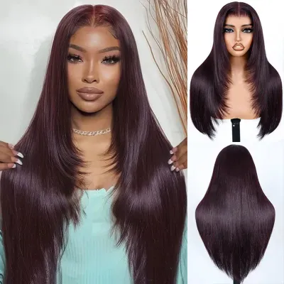 Ashimary Hair — Dark Plum Color Straight Glueless Invisi Strap 360 Lace Frontal Wigs Tight & Neat Pre-Cut layered Optional