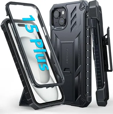 FNTCASE OFFICIAL — iPhone 15 Plus Case: Military Grade Rugged Phone Cover with Belt-Clip Holster and Built-in Screen Protector - Black
