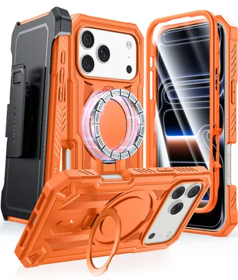 FNTCASE OFFICIAL — iPhone 18 Pro Max Case with Ring Holder Magnetic Kickstand Military Grade Shockproof Protective Rugged Cell Phone Cover with Belt Clip - Orange