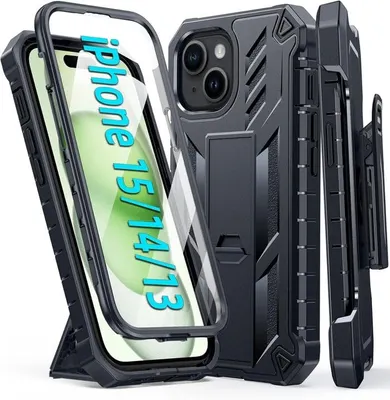 FNTCASE OFFICIAL — iPhone 13 iPhone 14 6.1 inches Military Heavy Duty Shockproof Grip Case with Belt Clip Holster, Built-in Screen Protector and Kickstand - Black