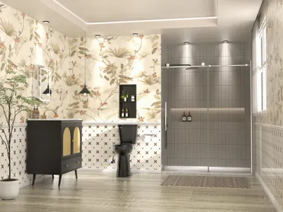 Shenzhen Cangyu Technology Co., Ltd. — Simple Project | Botanic Noir Bathroom - Walnut / Bone Elongated / Brushed Nickel & 60X36" White
