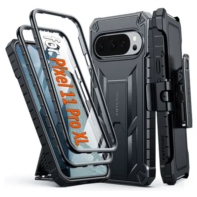 FNTCASE OFFICIAL — Google Pixel 11 Pro XL Case with Kickstand and Belt Clip, Built-in Screen Protector, 2 Front Frames, 20FT Military Drop Protection, - Black