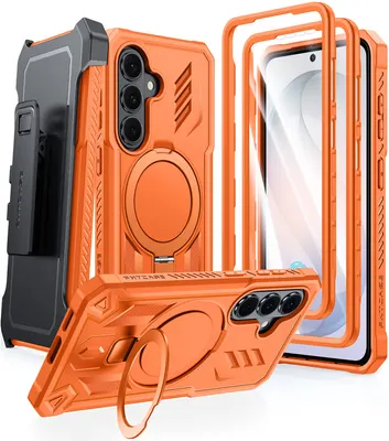 FNTCASE OFFICIAL — Samsung Galaxy S26 Case, Military Grade Rugged Protection: Magnetic Ring Kickstand with Belt-Clip Holster, 2 Front Frames, Built-in Screen - Orange