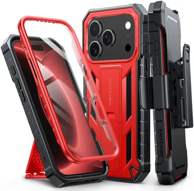 FNTCASE OFFICIAL — iPhone 18 Pro Case: Military Grade Rugged Cell Phone Cover with Kickstand and Belt Clip Holster - Red
