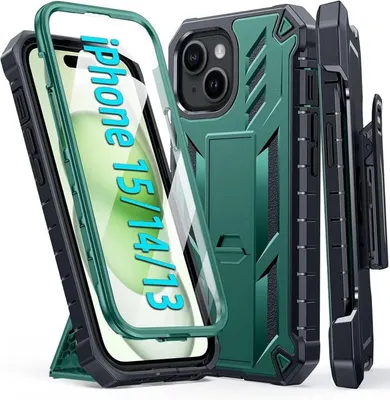 FNTCASE OFFICIAL — iPhone 13 iPhone 14 6.1 inches Military Heavy Duty Shockproof Grip Case with Belt Clip Holster, Built-in Screen Protector and Kickstand - Green