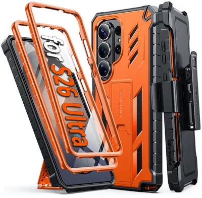 FNTCASE OFFICIAL — Samsung Galaxy S26 Ultra Case with Belt Clip Holster and Kickstand Military-Grade Protection Includes 2 Front Frames and a Built-in Screen - Orange