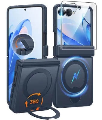 FNTCASE OFFICIAL — Samsung Galaxy Z Filp 8 Case: 360° Spin Magnetic Stand, MagSafe, Screen Protector, Translucent Matte Military Grade Shockproof Full Hinge - Blue