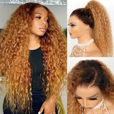 Ashimary Hair — Water Wave Invisi Strap 360 Skin Lace Frontal Ombre Honey Blonde Wig With Chocolate Dark Roots Pre Everything Glueless Wig