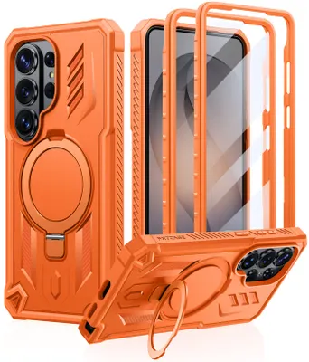 FNTCASE OFFICIAL — Magnetic Kickstand Case for Samsung Galaxy S26 Ultra 6.9”, Military Grade Protective Cover with Built-in Screen Protector & 2 Front Frames - Orange