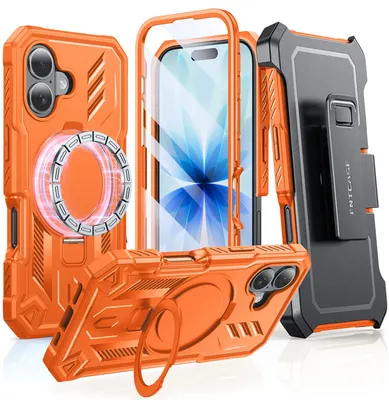 FNTCASE OFFICIAL — FNTCASE for iPhone 17 Case with Ring Holder Magnetic Kickstand Military Grade Shockproof Protective Rugged Cell Phone Cover with Belt Clip - Orange